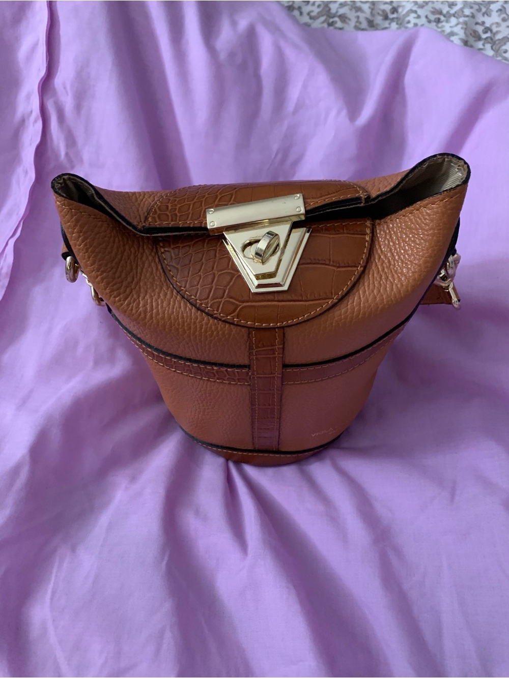 Voila castellani tan Leather Bucket Tote with Gold-Tone Lock